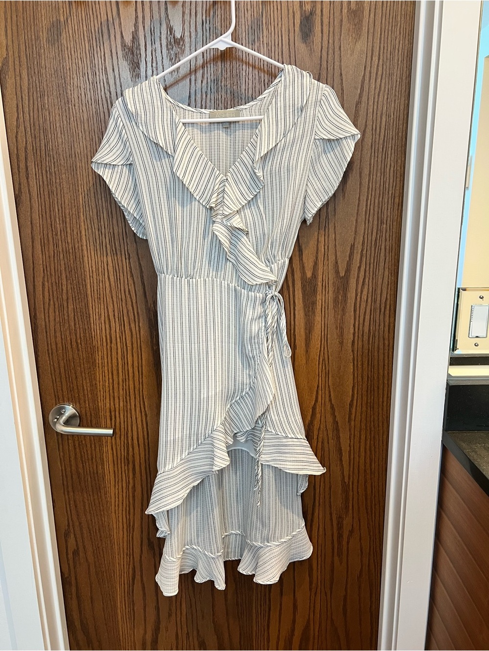 fab'rik Light Blue and White Striped Ruffle Wrap Dress